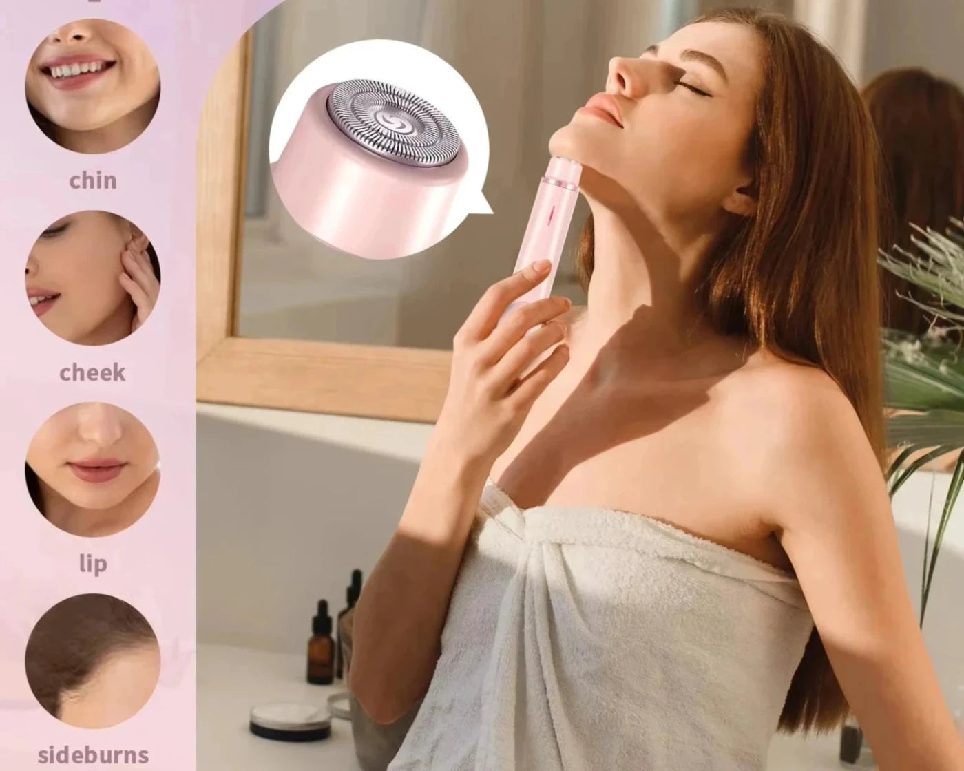 Woman using a facial trimmer with a close-up of the device and areas it can trim.